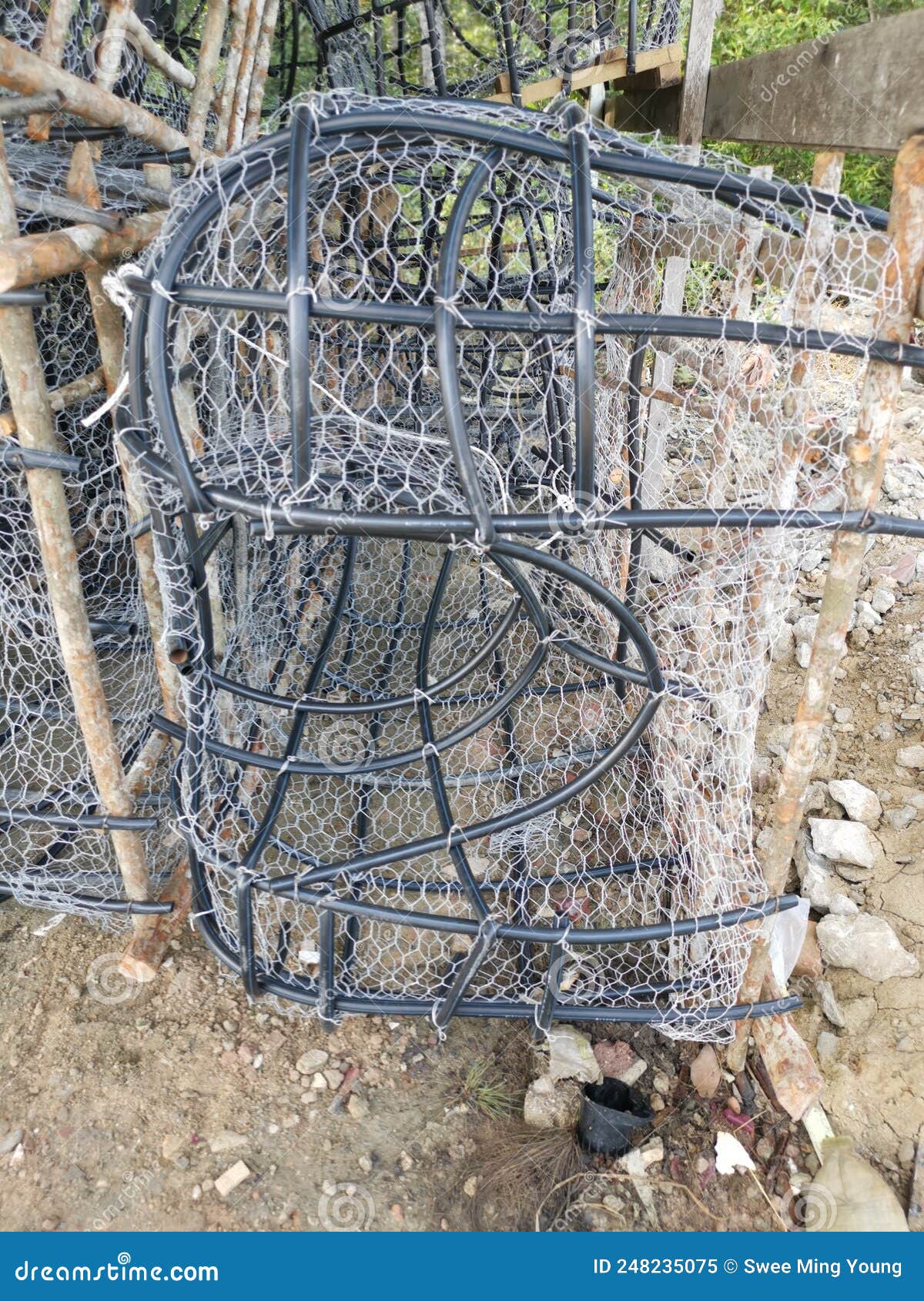Outdoor Scene of the DIY Fish Trap Structure Make from Mangrove Wood,wire  and Polystyrene Pipe. Stock Image - Image of incarceration, geometric:  248235075