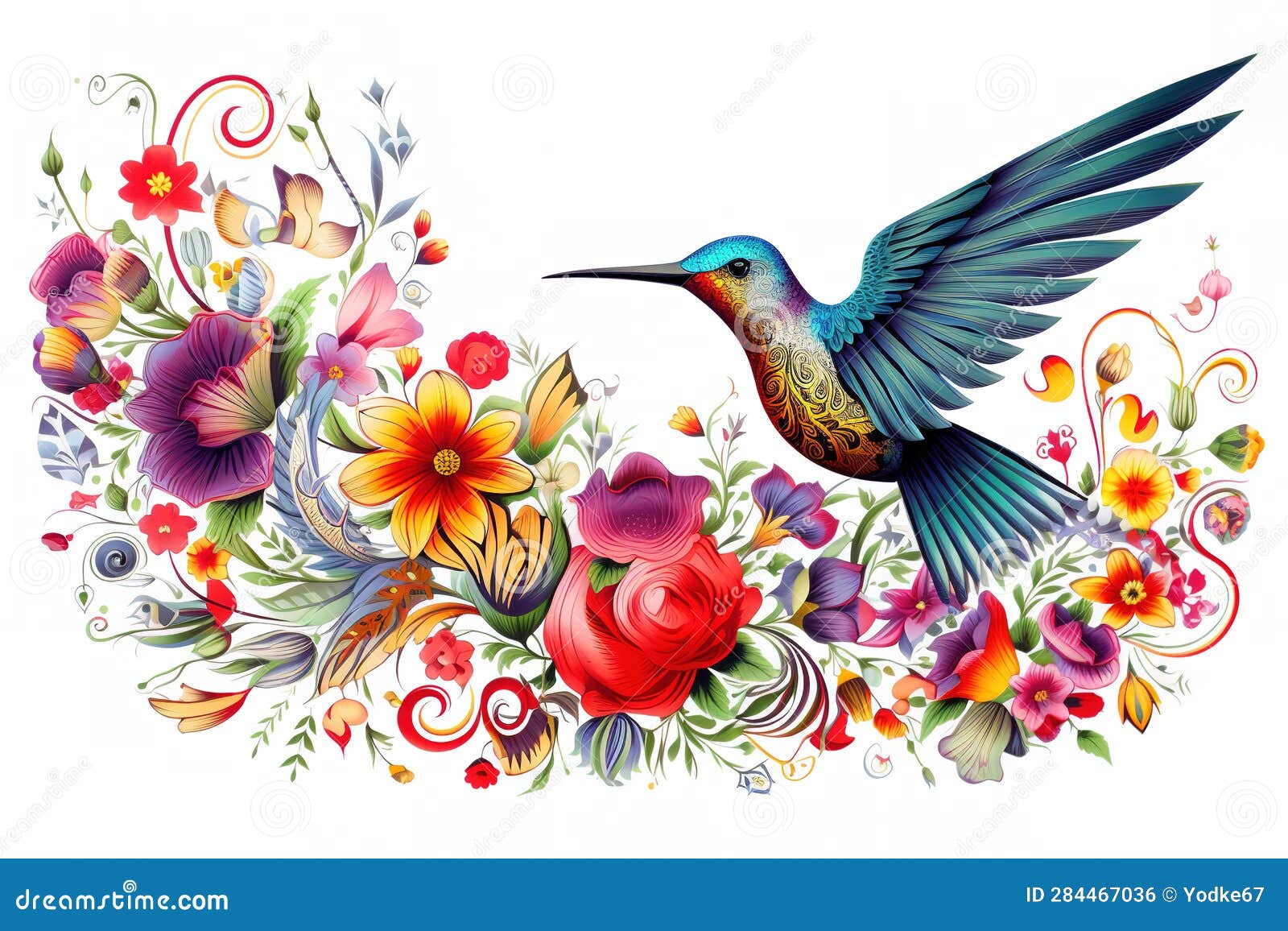 image of pattern  using hummingbird and flowers and leaves. wildlife animals. bird. , generative ai