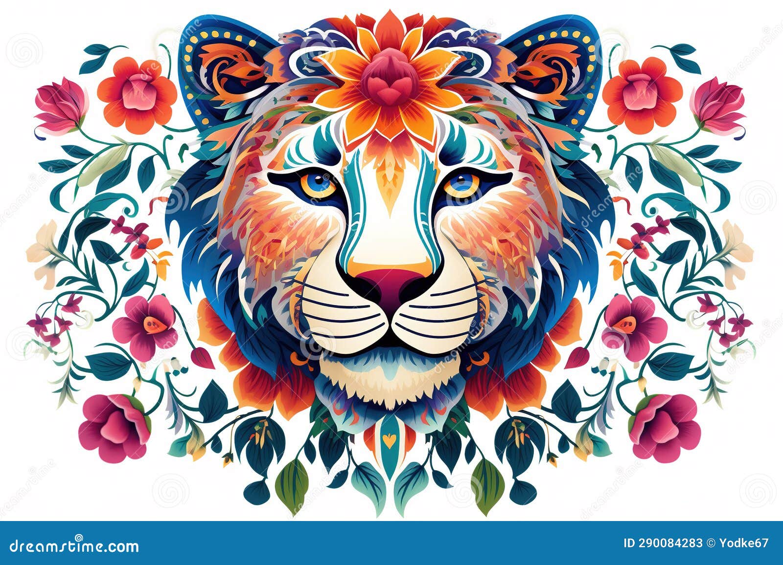 image of pattern  using lion face and flowers and leaves. wildlife animals. , generative ai