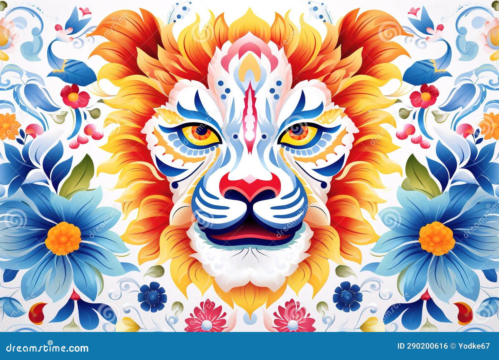 image of pattern  using lion face and flowers and leaves. wildlife animals. , generative ai