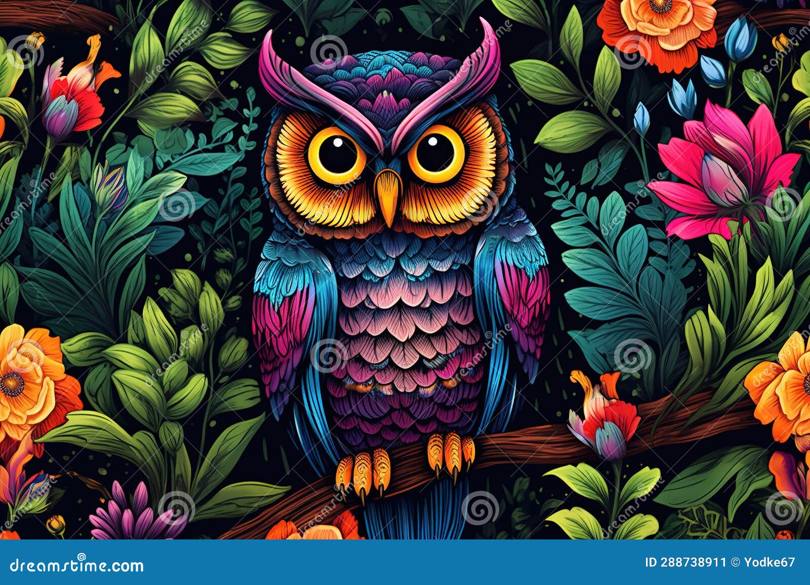 image of pattern  using an owl and flowers and leaves. wildlife animals. bird. , generative ai
