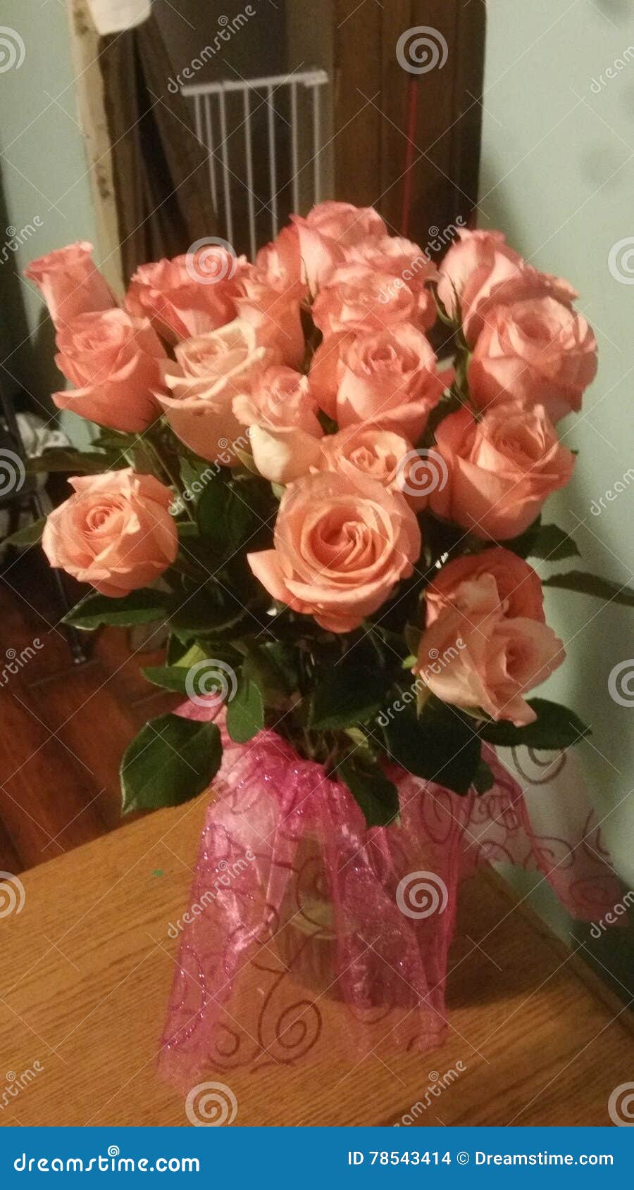 Image of Peach/Pink Roses in Vase Stock Photo Image of anniversary