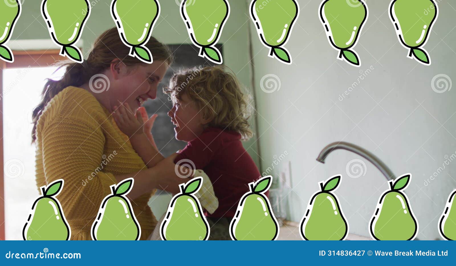 image of pear icons over caucasian woman with son in kitchen