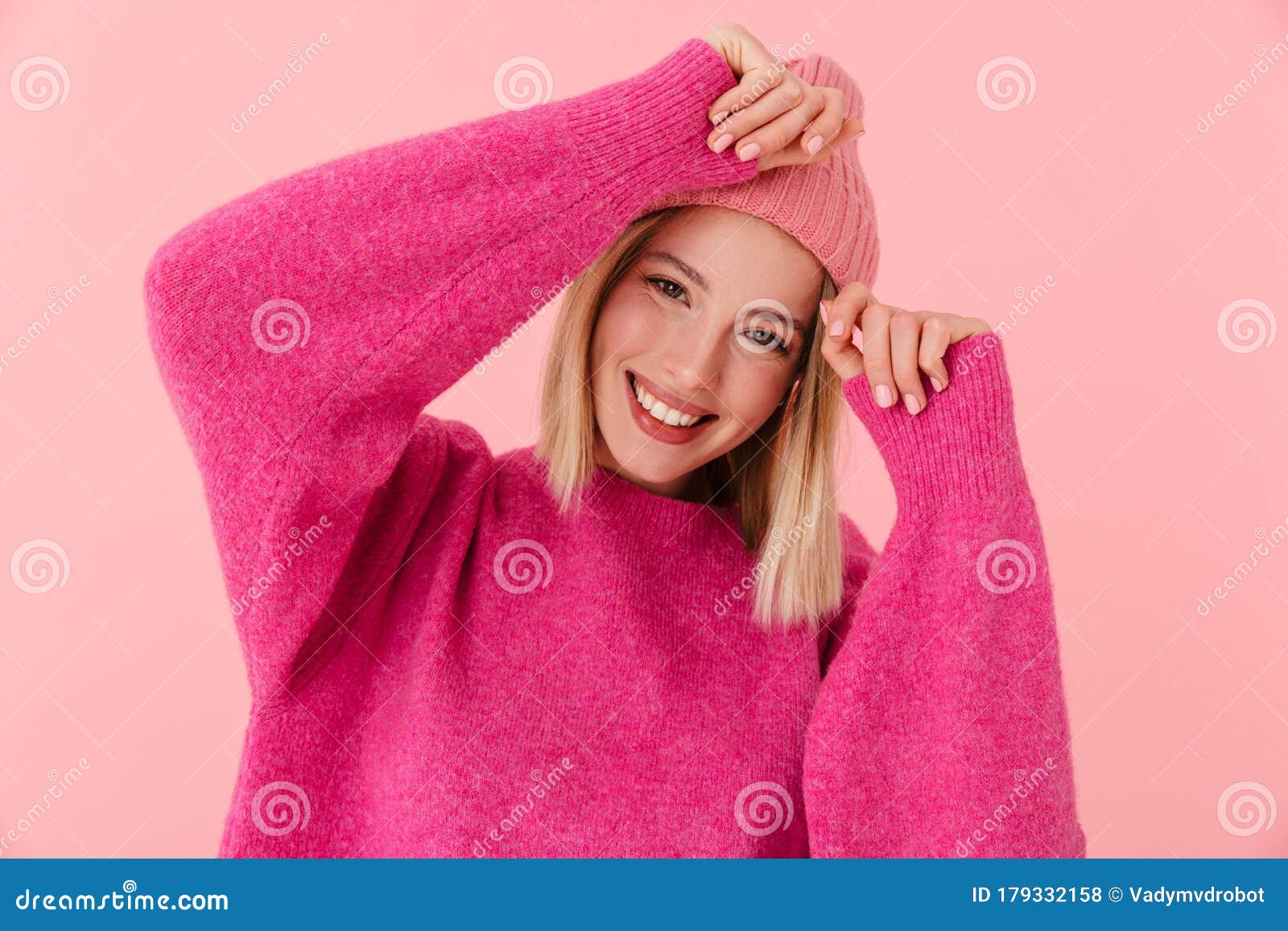 Image of Positive Beautiful Blonde Girl Wearing Hat and Sweater Smiling ...