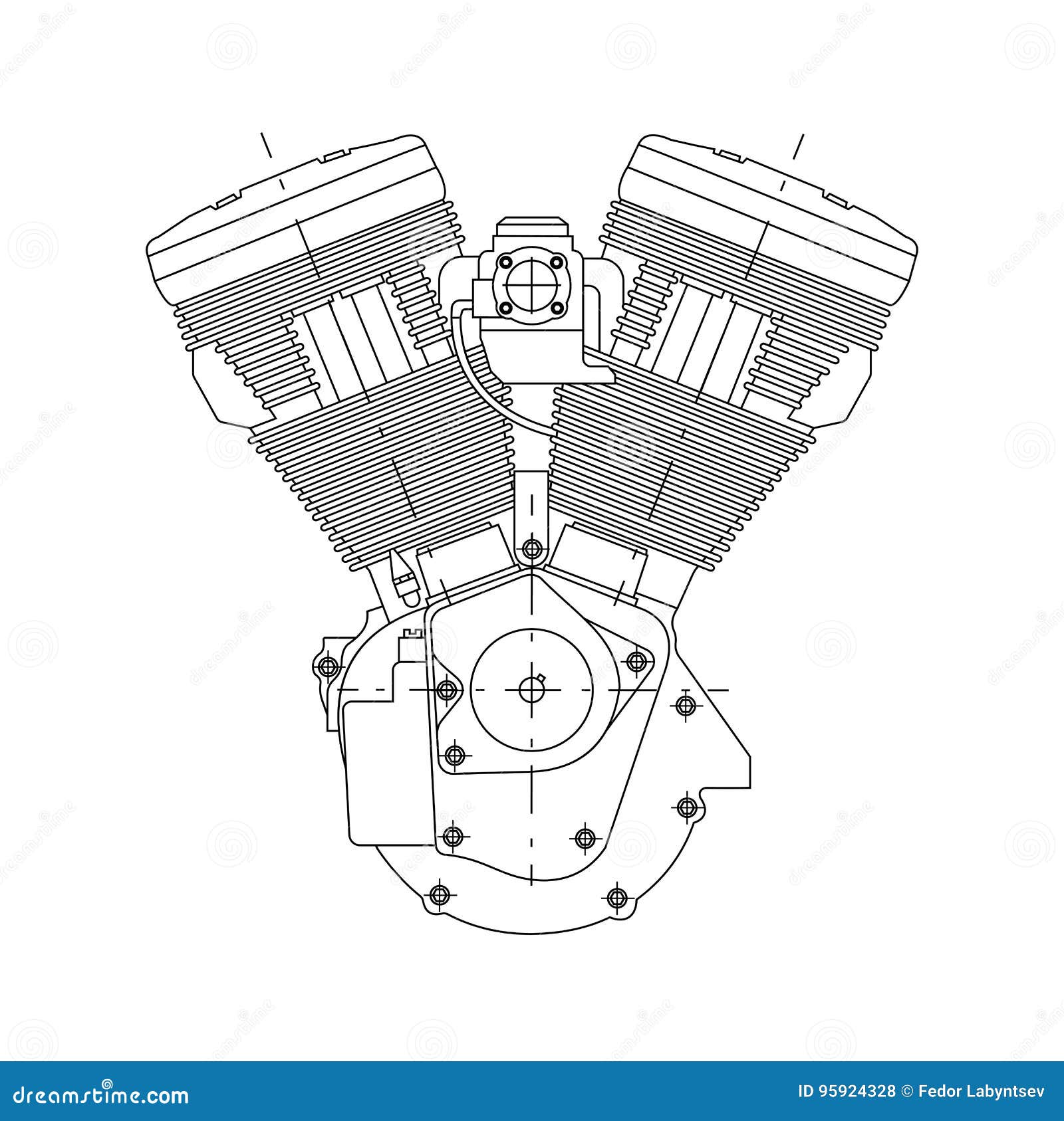 Technical Drawing of the Engine of the Motorcycle. Stock Vector