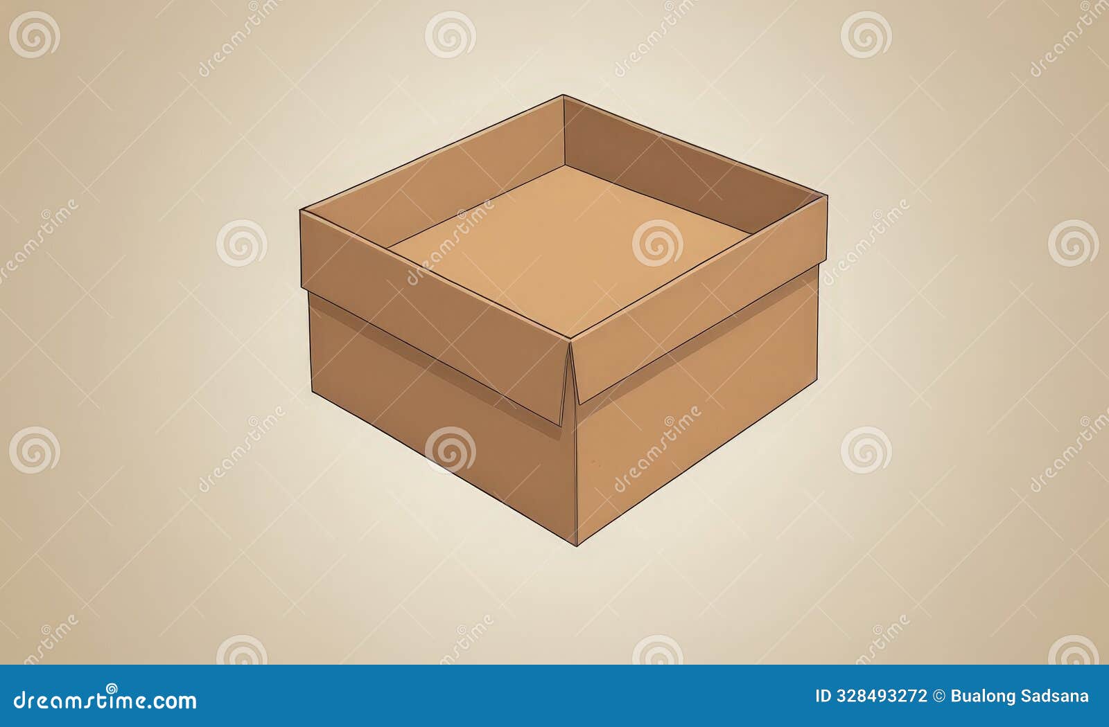 cardboard box with flap lid and flap, set against light beige background.