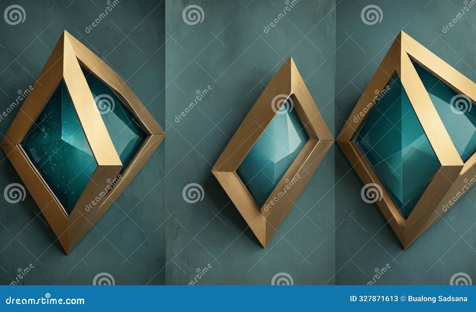 three diamond-d objects with blue and gold accents are arranged in row against textured green background.