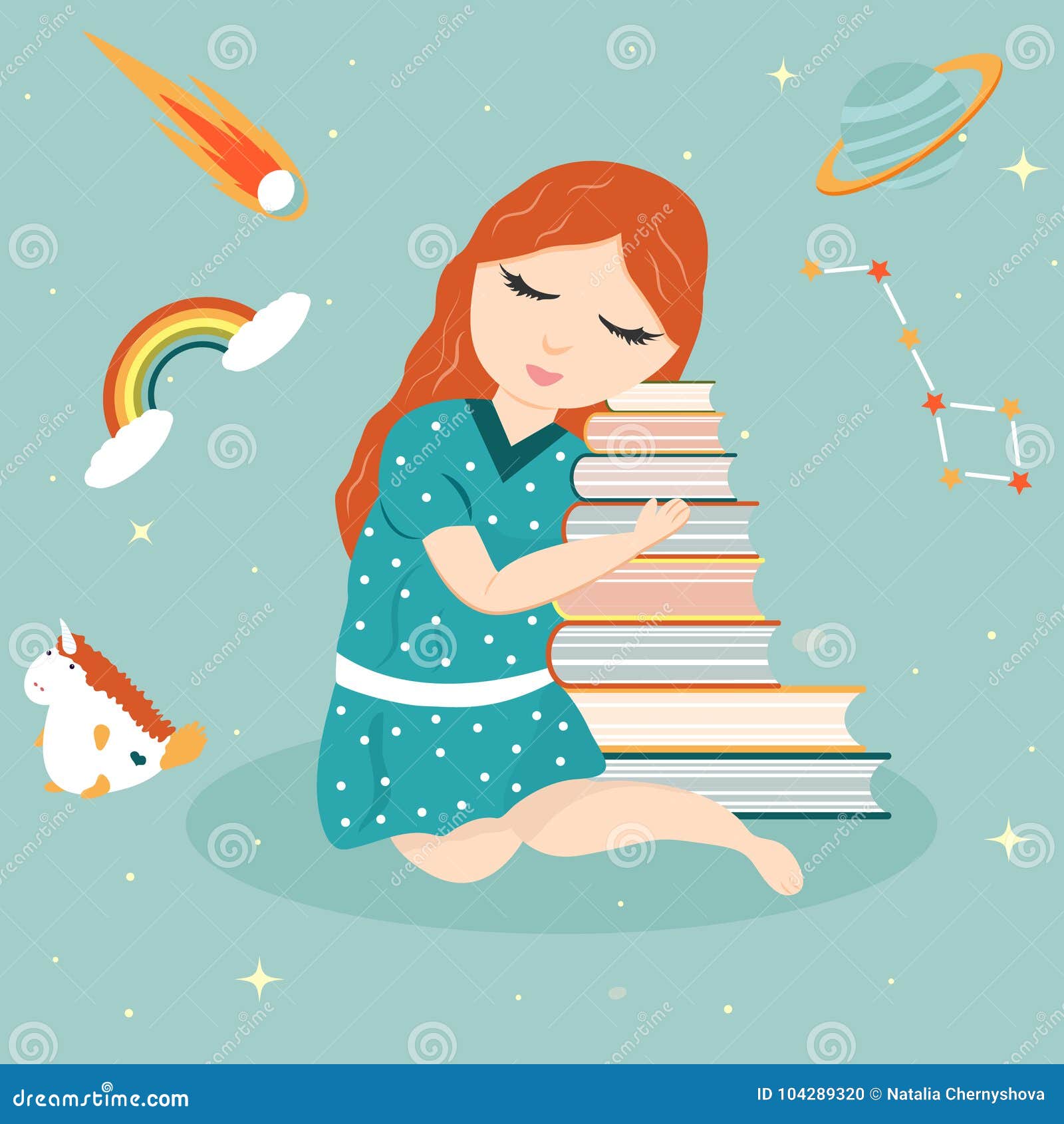 Image of a Pretty Dreaming Girl with a Pile of Books Stock Vector ...