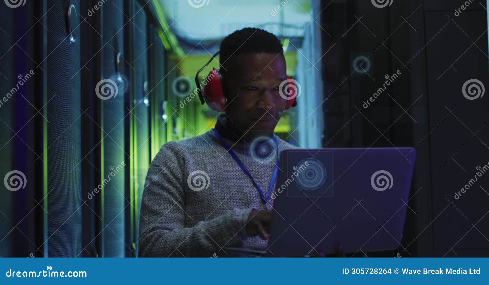 image of processing circles over african american man working in server room