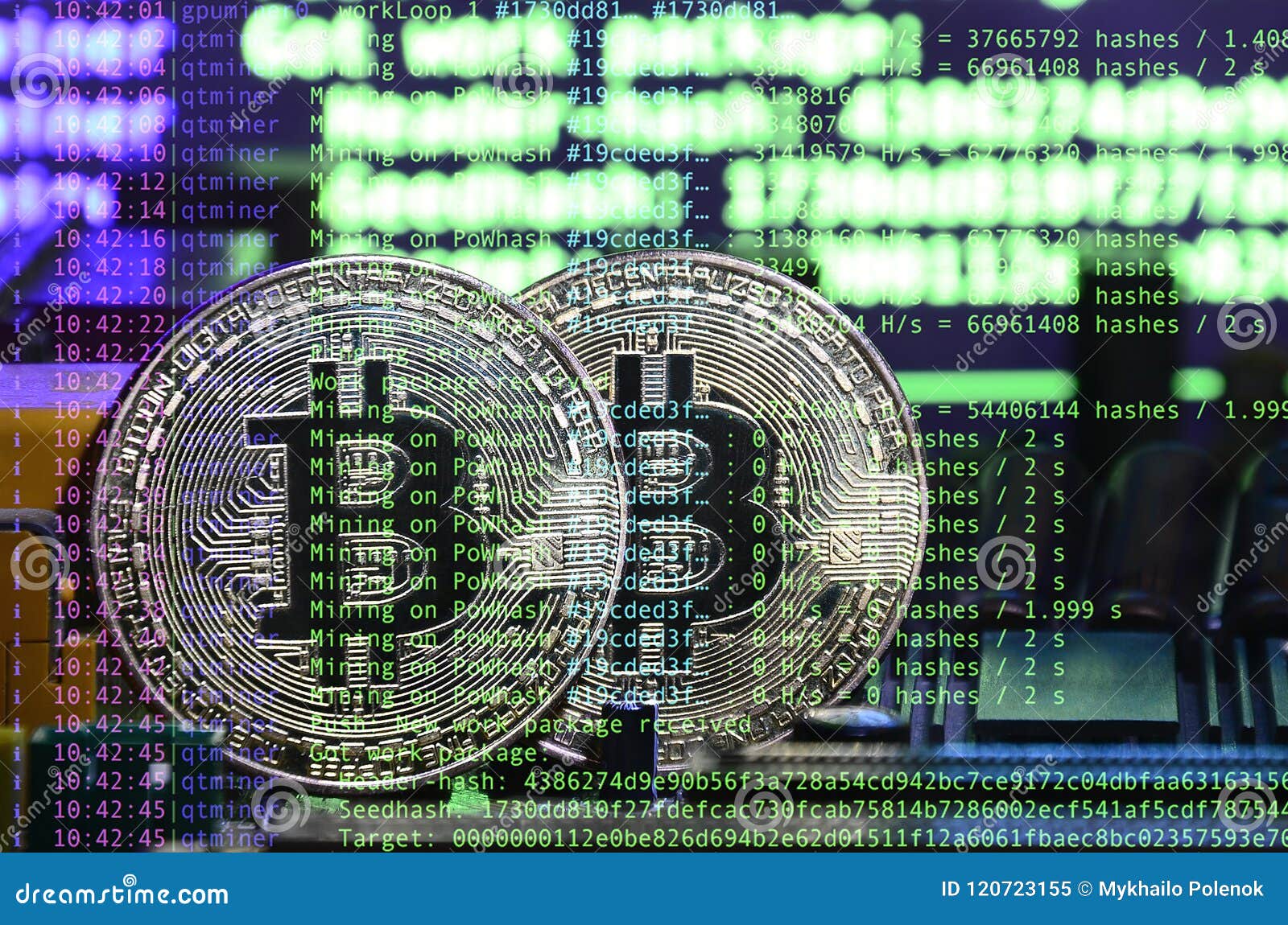 Image of the Program Code Showing the Process of Mining the Crypto Currency  in the Background of the Image with Bitcoin Stock Image - Image of symbol,  screen: 120723155