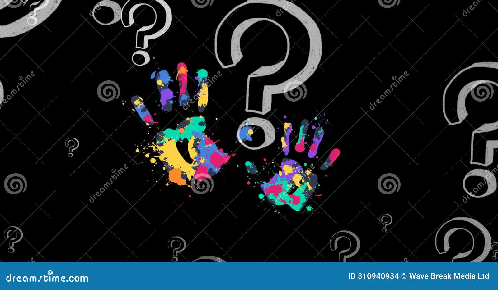image of question marks over handprints on black background