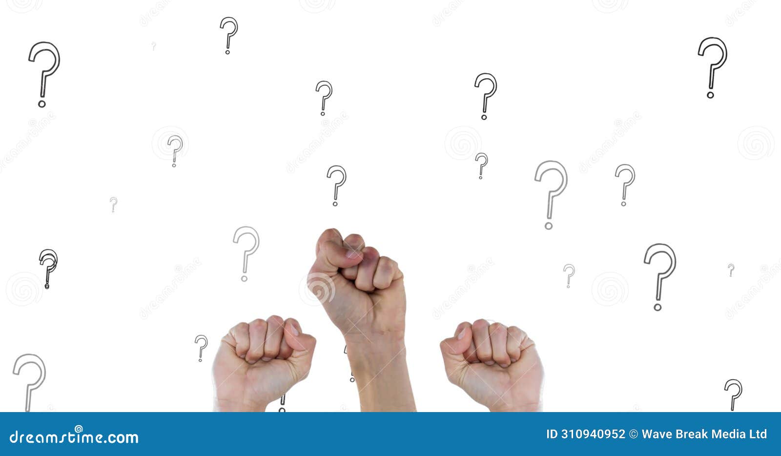 image of question marks over raising fists on white background