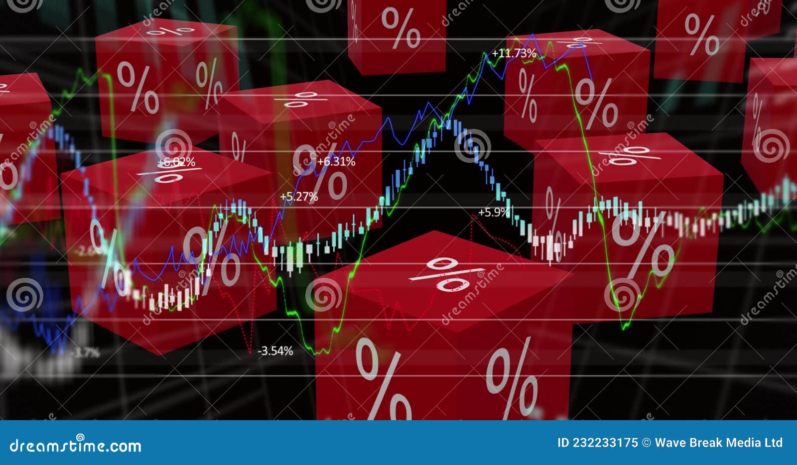 image of red cubes with per cent sign over graphs and statistics