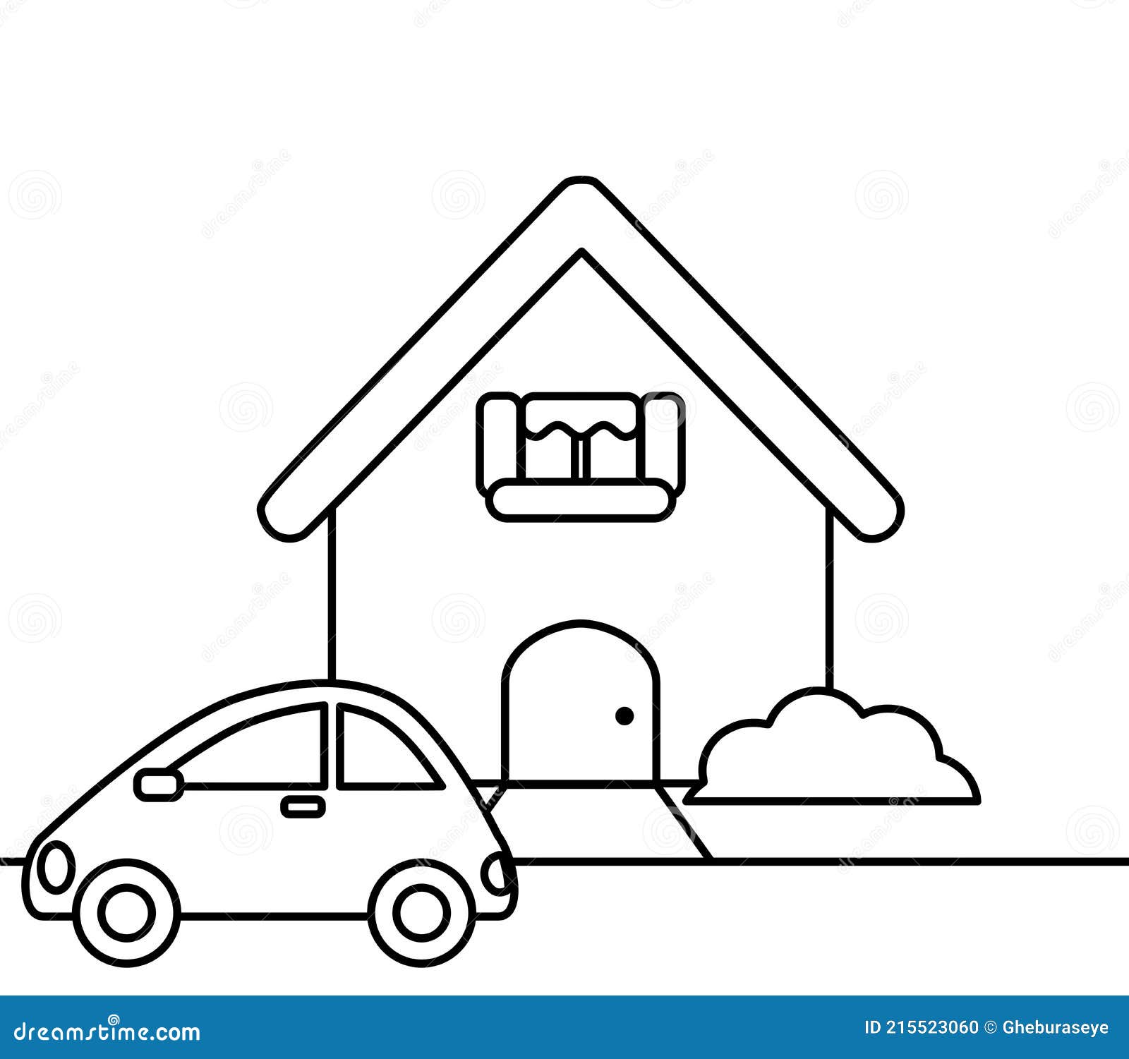 House with Car, Picture for Children To Be Colored, Black and White