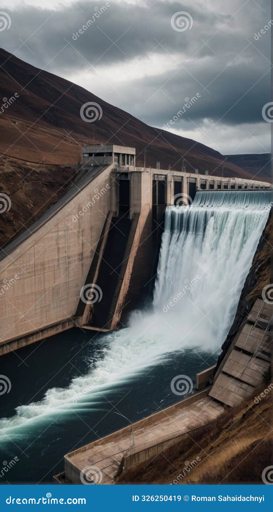powerful dam with hydro turbines and reservoir
