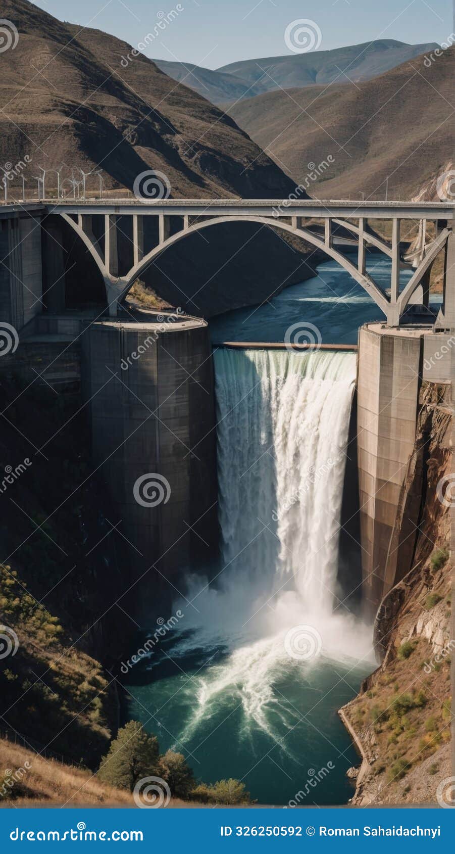 powerful dam with hydro turbines and reservoir