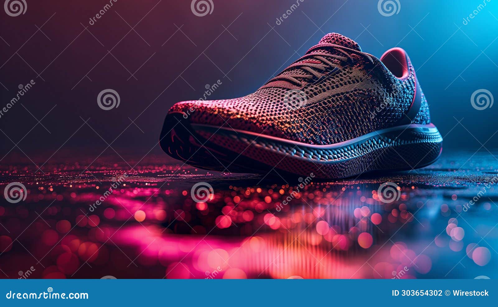 An Image of a Running Shoe Illuminated by a Bright Red Light Stock