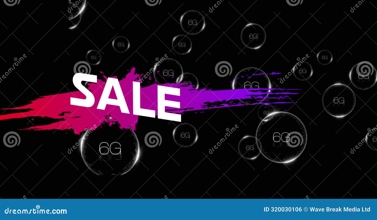 image of sale text on color splash with geometric s, 6g text in bubble on black background