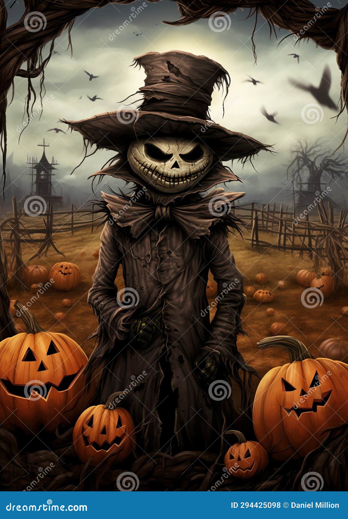 A Scarecrow Standing Guard in a Pumpkin Patch Halloween Frame Border