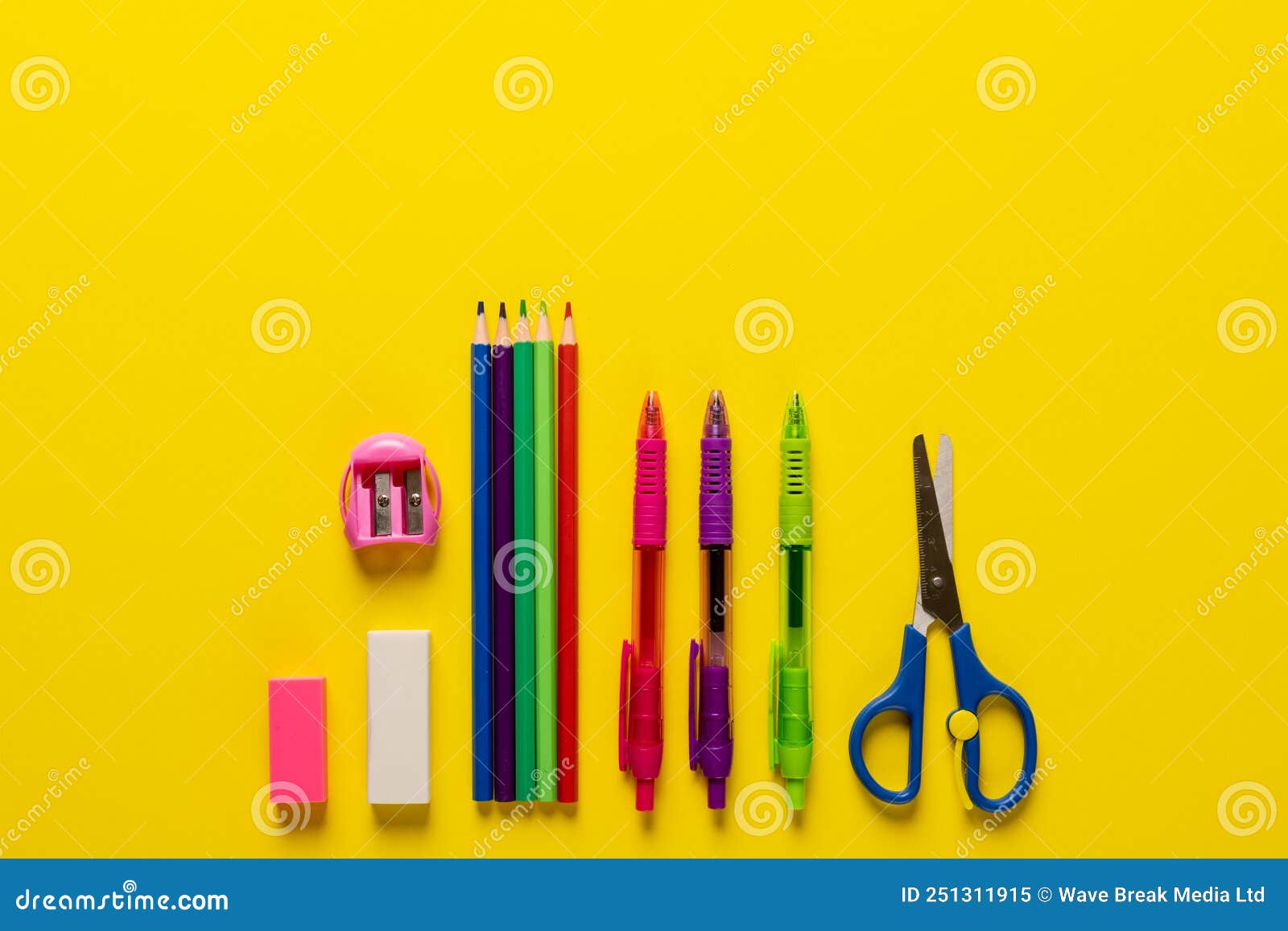 Image of School Drawing Tools on Yellow Surface with Copy Space Stock