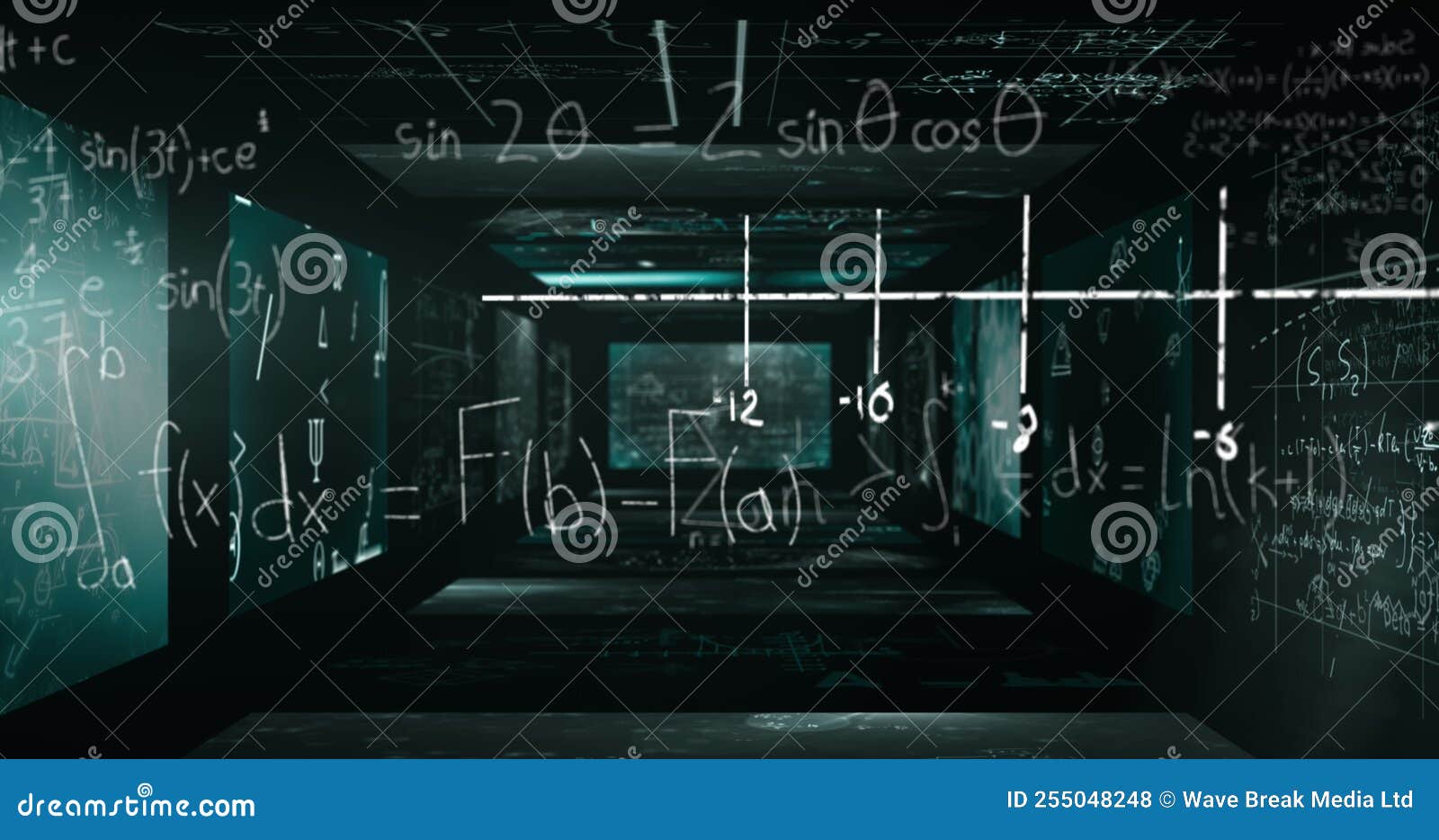 image of scientific formulae over screens with data