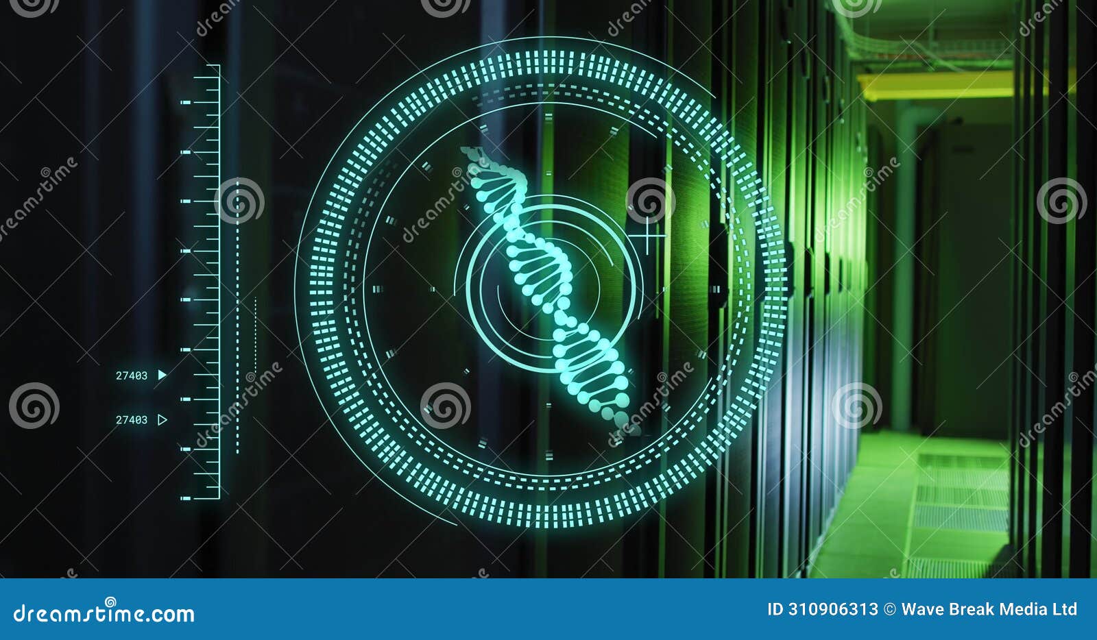 image of scope scanning with dna strand and data processing over server room