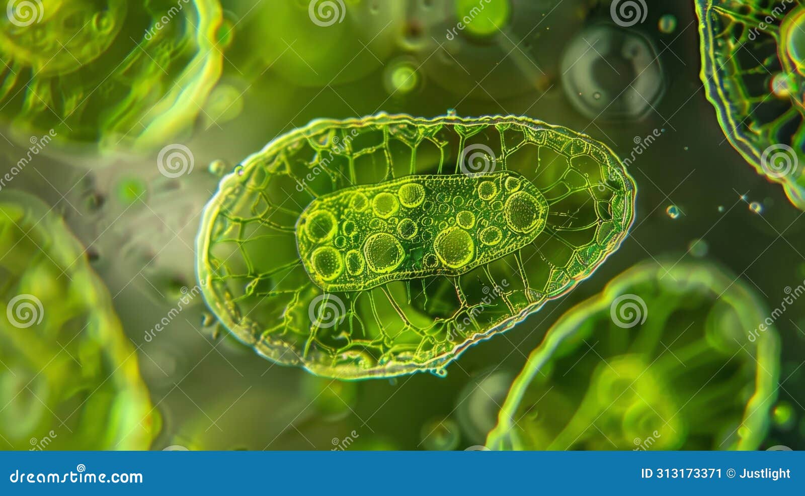 in this image we see a closeup of a chloroplast within the algae cell. the green ovald organelle is filled with