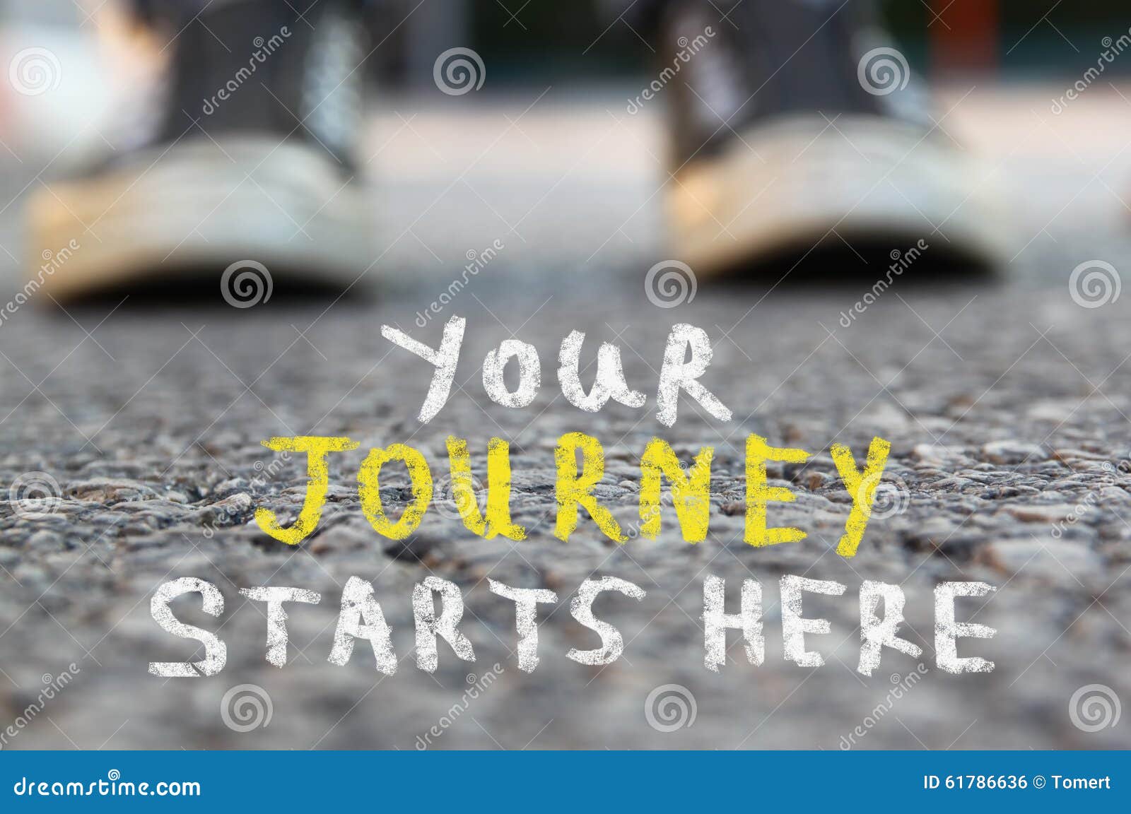 image with selective focus over asphalt road and person with handwritten text - your journey starts here. education and motivation
