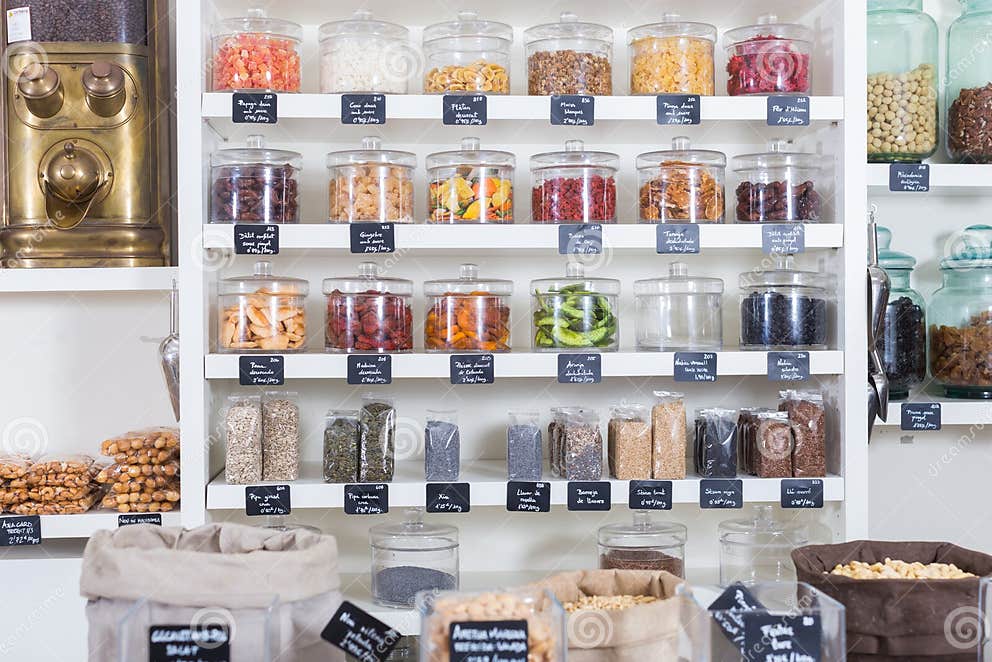 Image of Showcase with Dried Fruits in Containers Stock Image Image