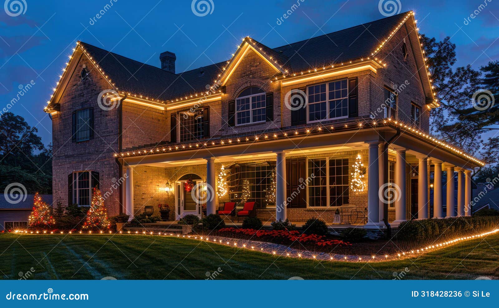 nighttime patriotic house decor for memorial day and 4th of july celebrations