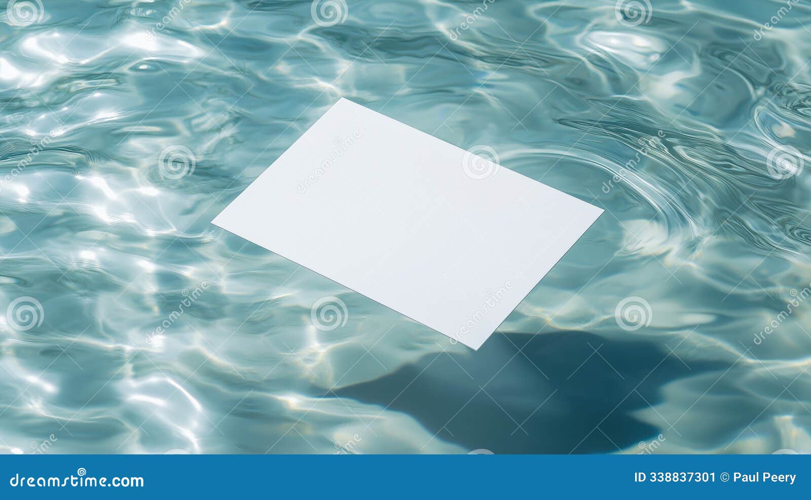 blank white card floating on clear water surface with sunlight reflections