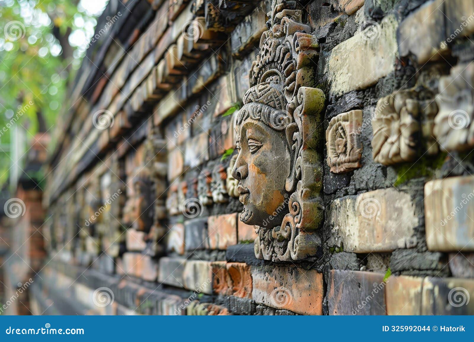 intricate stone carvings on ancient brick wall