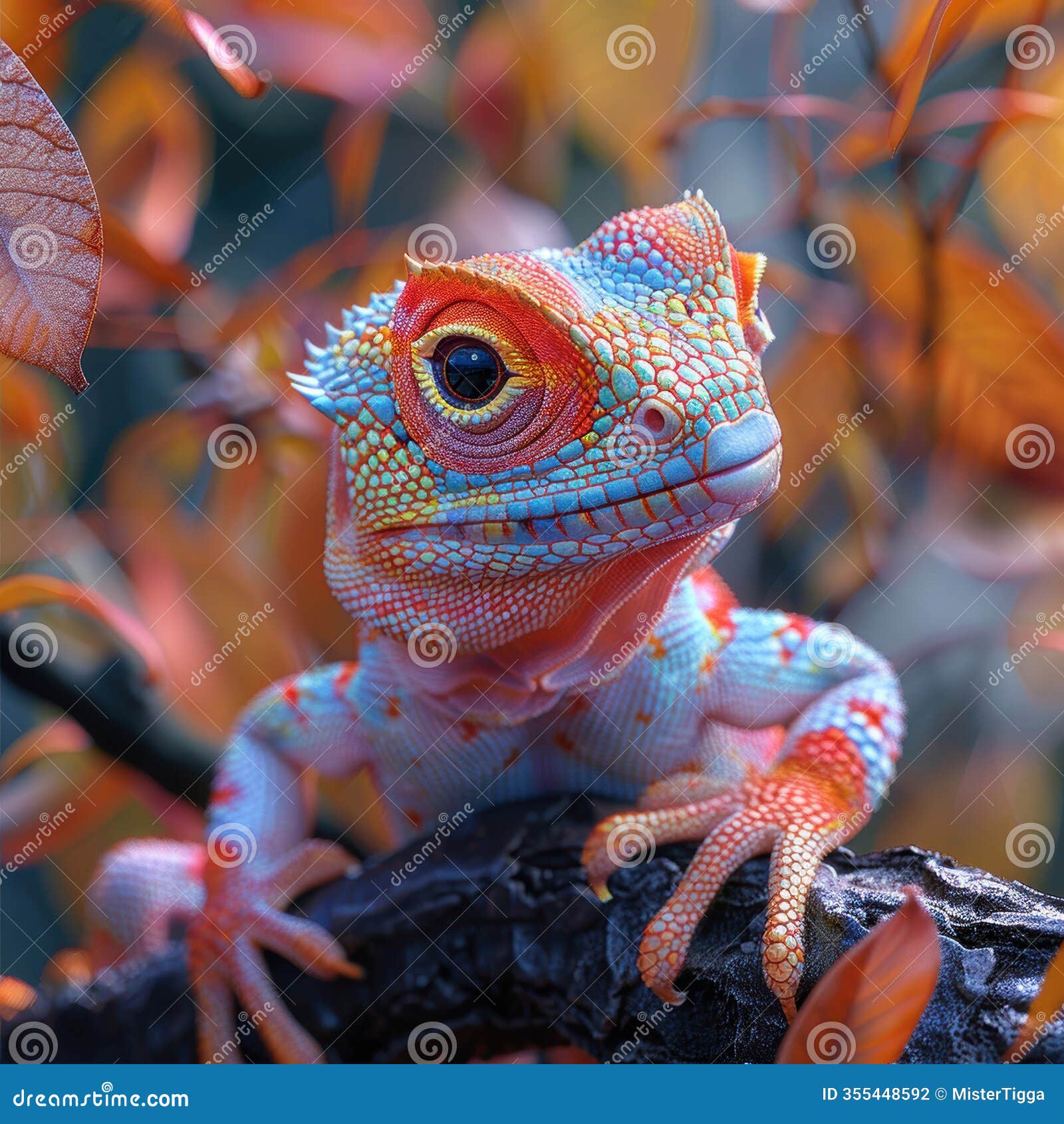 image showcases a fall-season chameleon perched on an ornate branch, displaying unique blue, red, and yellow patterns