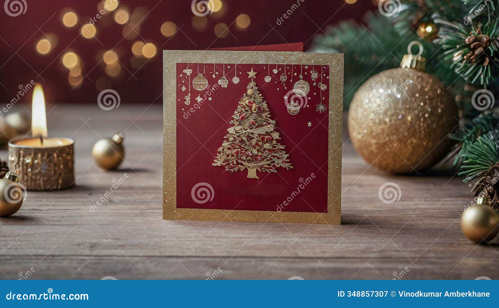 image showcases a festive christmas scene with a beautifully ed red card featuring gold embossing, surrounded by golden