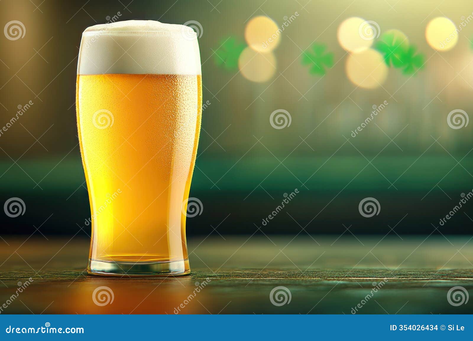 festive pint: beer, clovers, and lights on bar