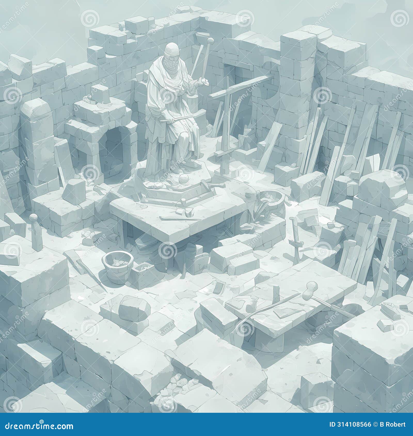 stone carver's workshop, detailed interior, craftsmanship aesthetic