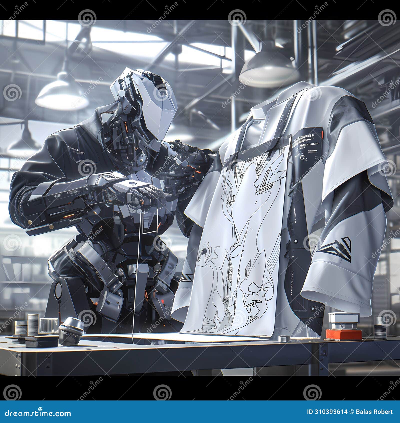 robot craftsman engrossed in customizing clothing