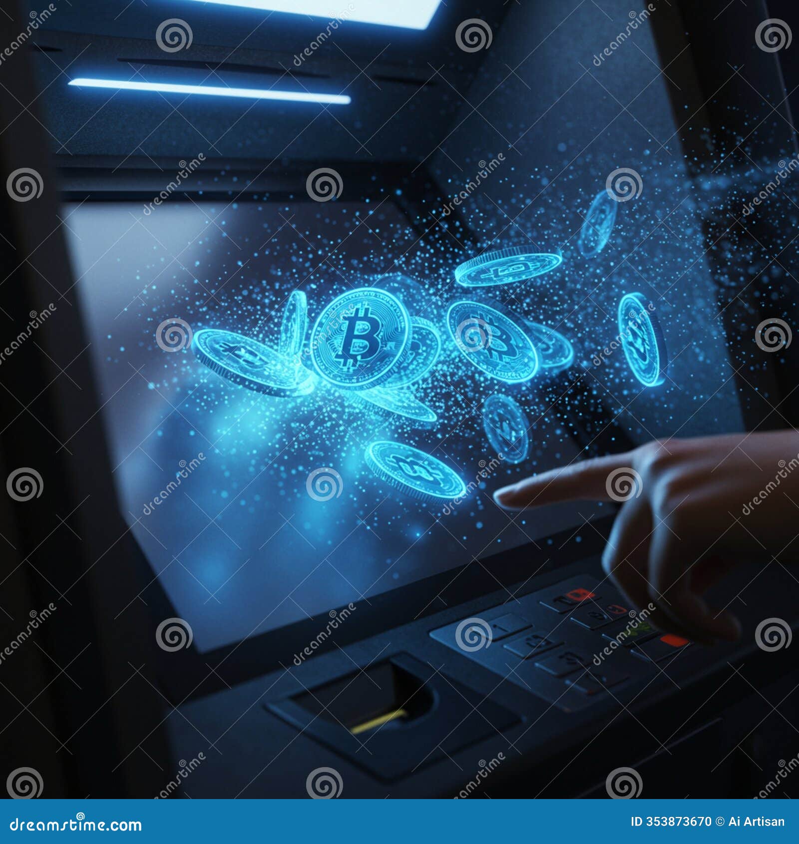ai generated atm screen with floating bitcoin coins and hand pressing button