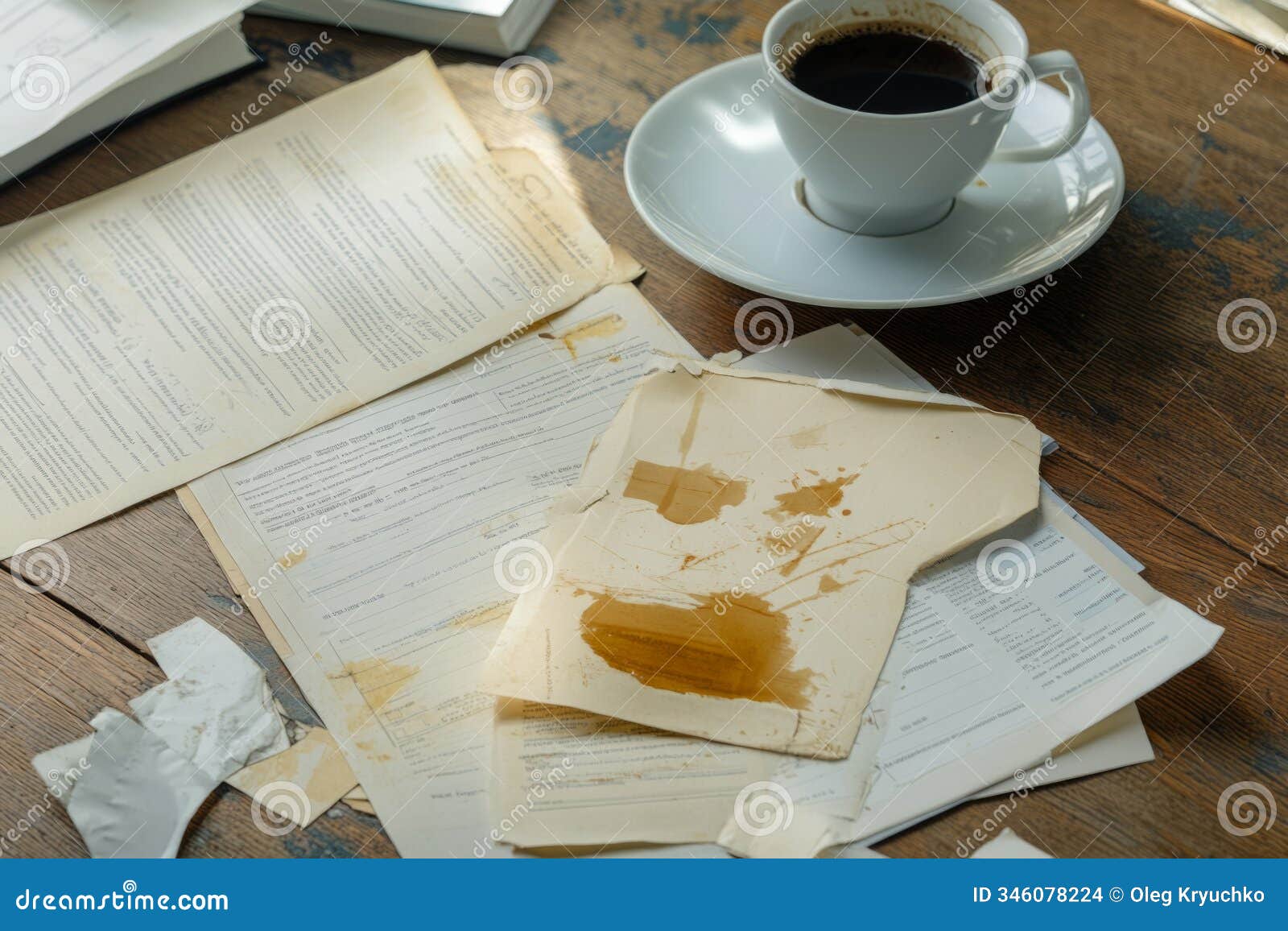 a messy workspace with old documents and a coffee cup. the scene captures a moment of creativity and chaos. perfect for