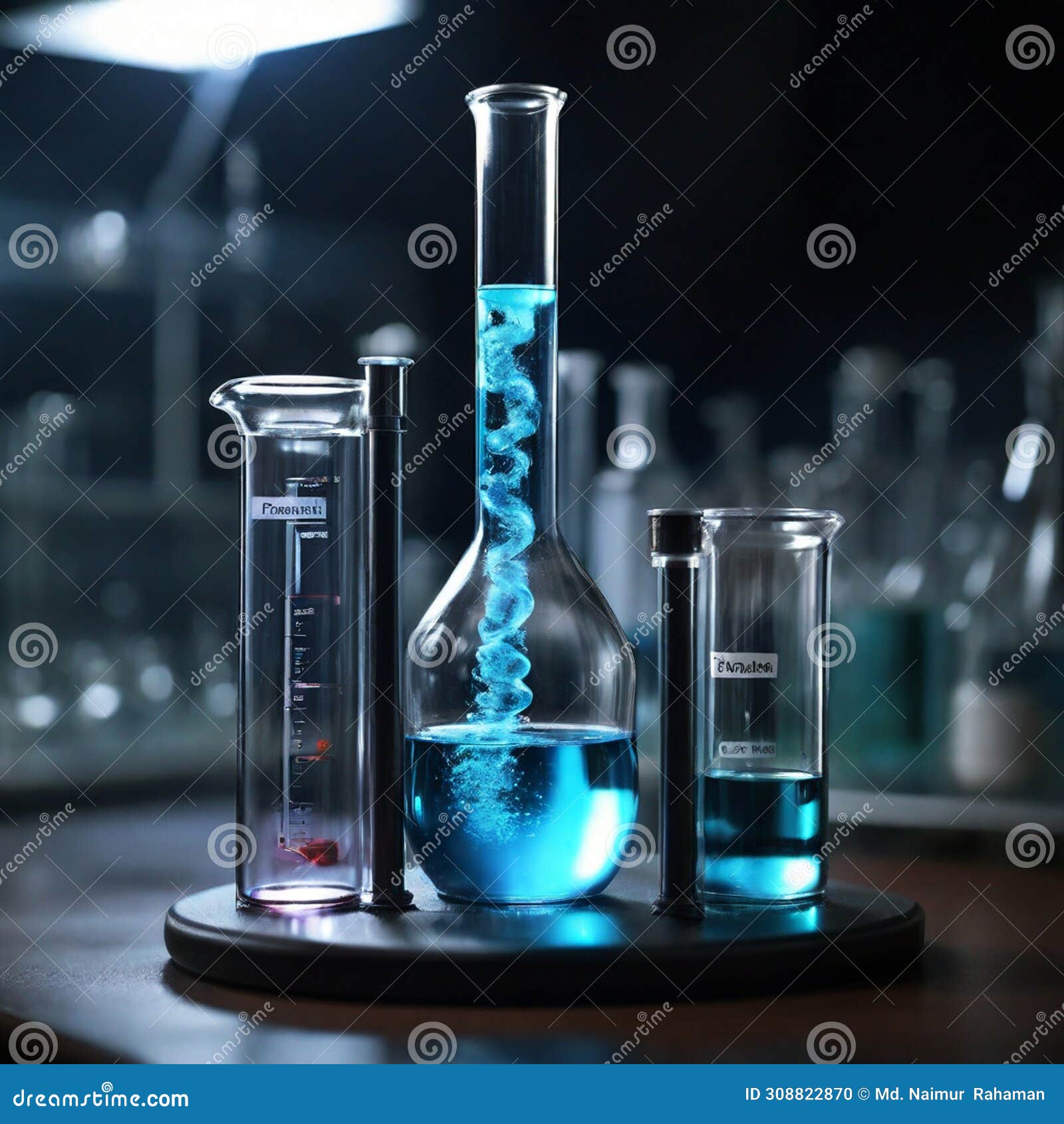 A Group of Beakers Filled with Blue Liquid on a Table in a Laboratory ...