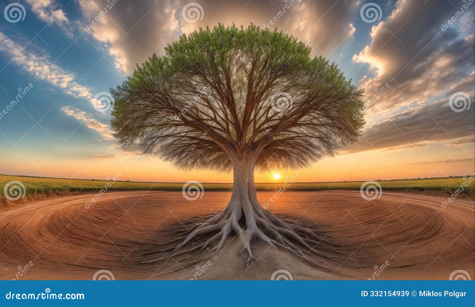 a large tree stands alone in a field at sunset