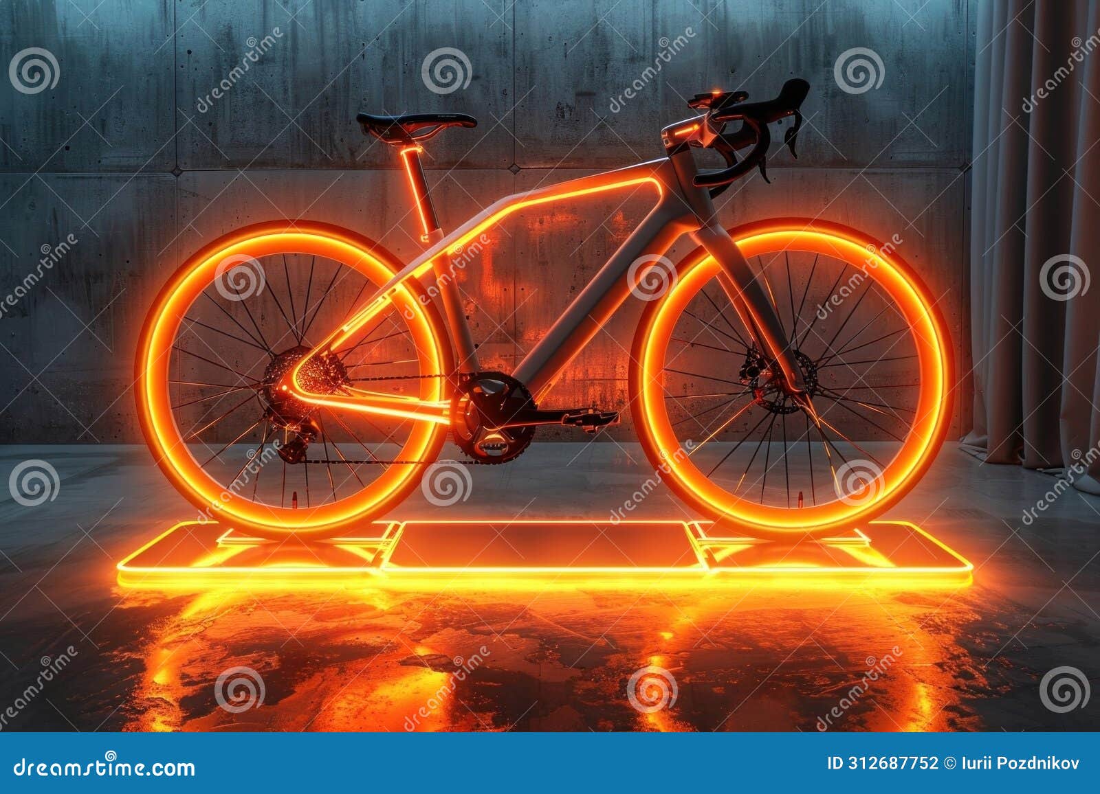 Futuristic Bicycle with Glowing Orange Wheels Isolated on a Dark Background Stock Photo Image