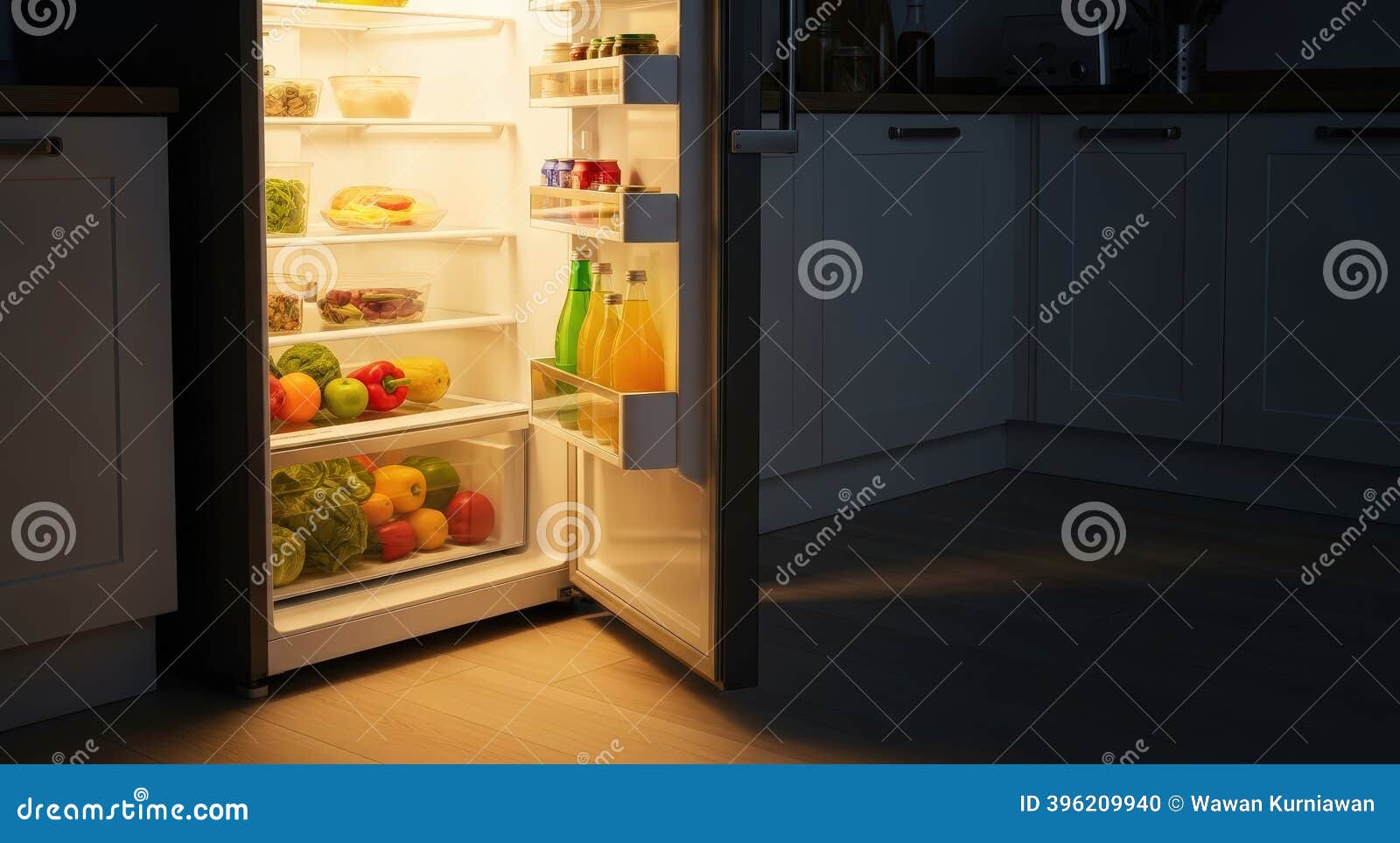 Open Refrigerator in a Dark Kitchen at Night Stock Illustration -  Illustration of wellstocked, shows: 396209940, image size:1600x963
