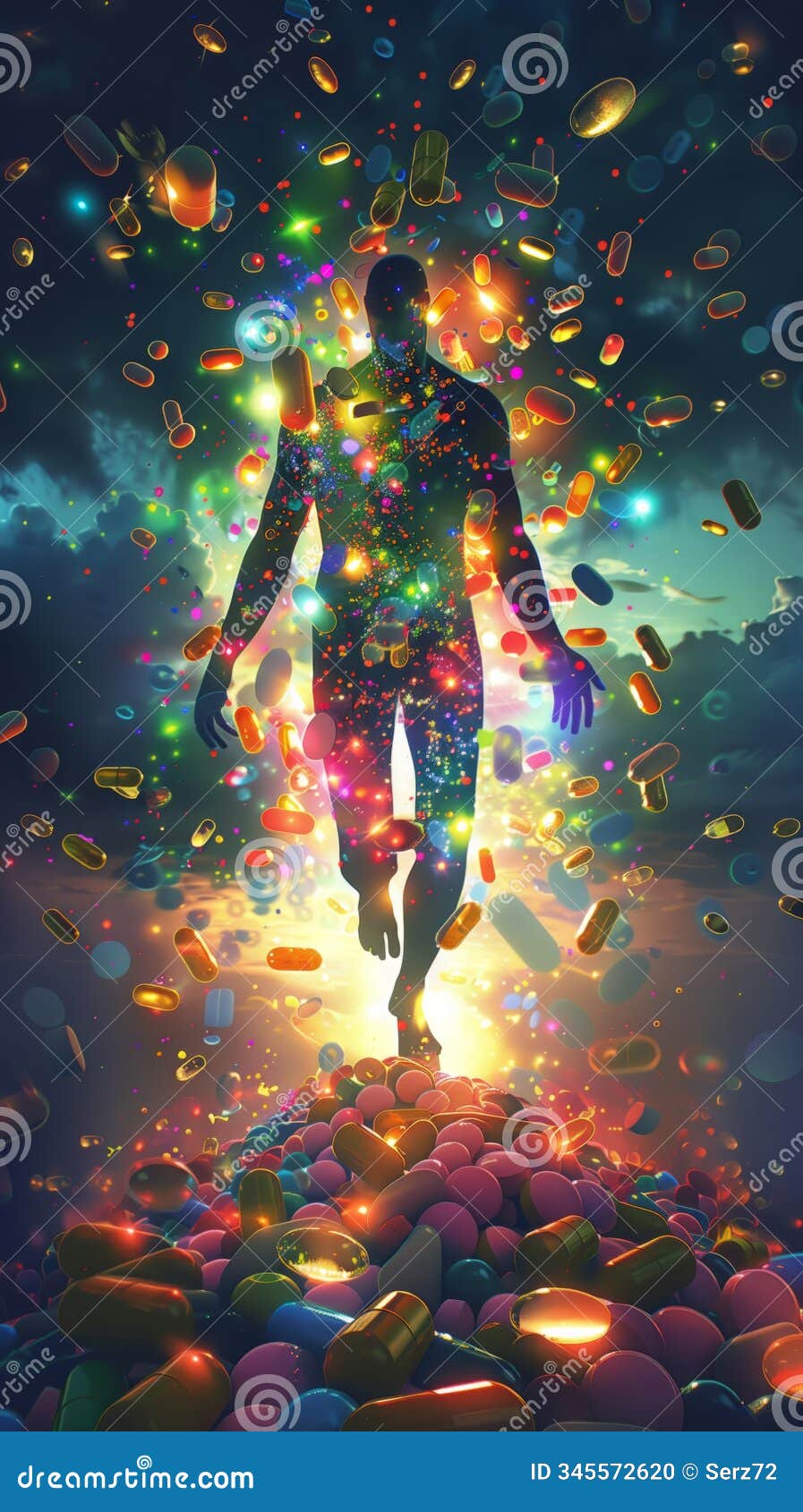 the image shows a person glowing with vitality as colorful visual s of vitamins flow into their body, enhancing