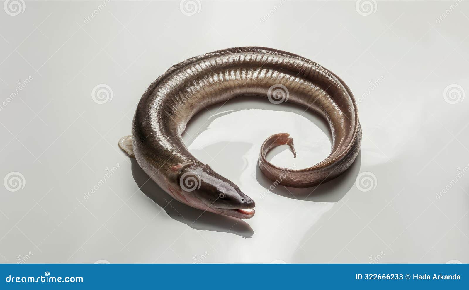 an image of a single freshwater indonesian eel  on a white background