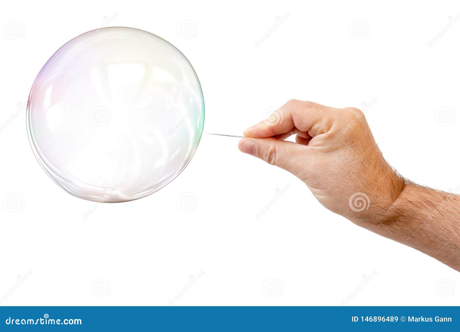 Soap Bubble and a Males Hand with Needle To Let it Pop Stock Image - Image of global: 146896489