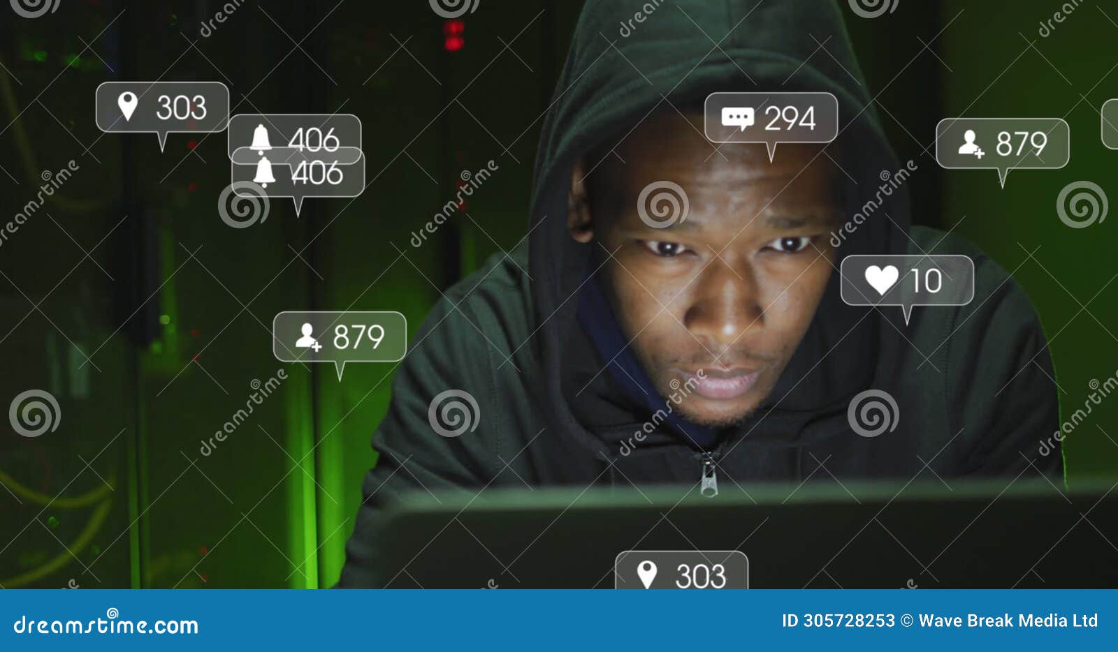 image of social media reactions over african american man working in server room