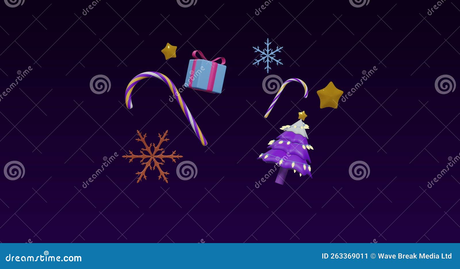 Image of Spinning Christmas Tree and Decorations on Black Background