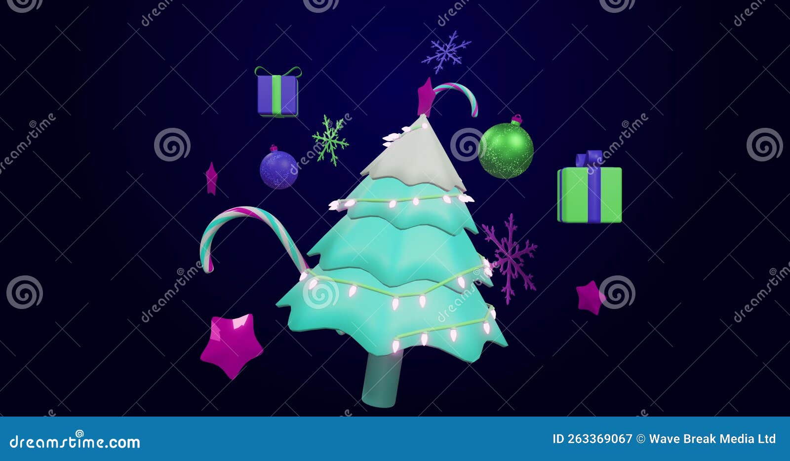 Image of Spinning Christmas Tree and Decorations on Black Background