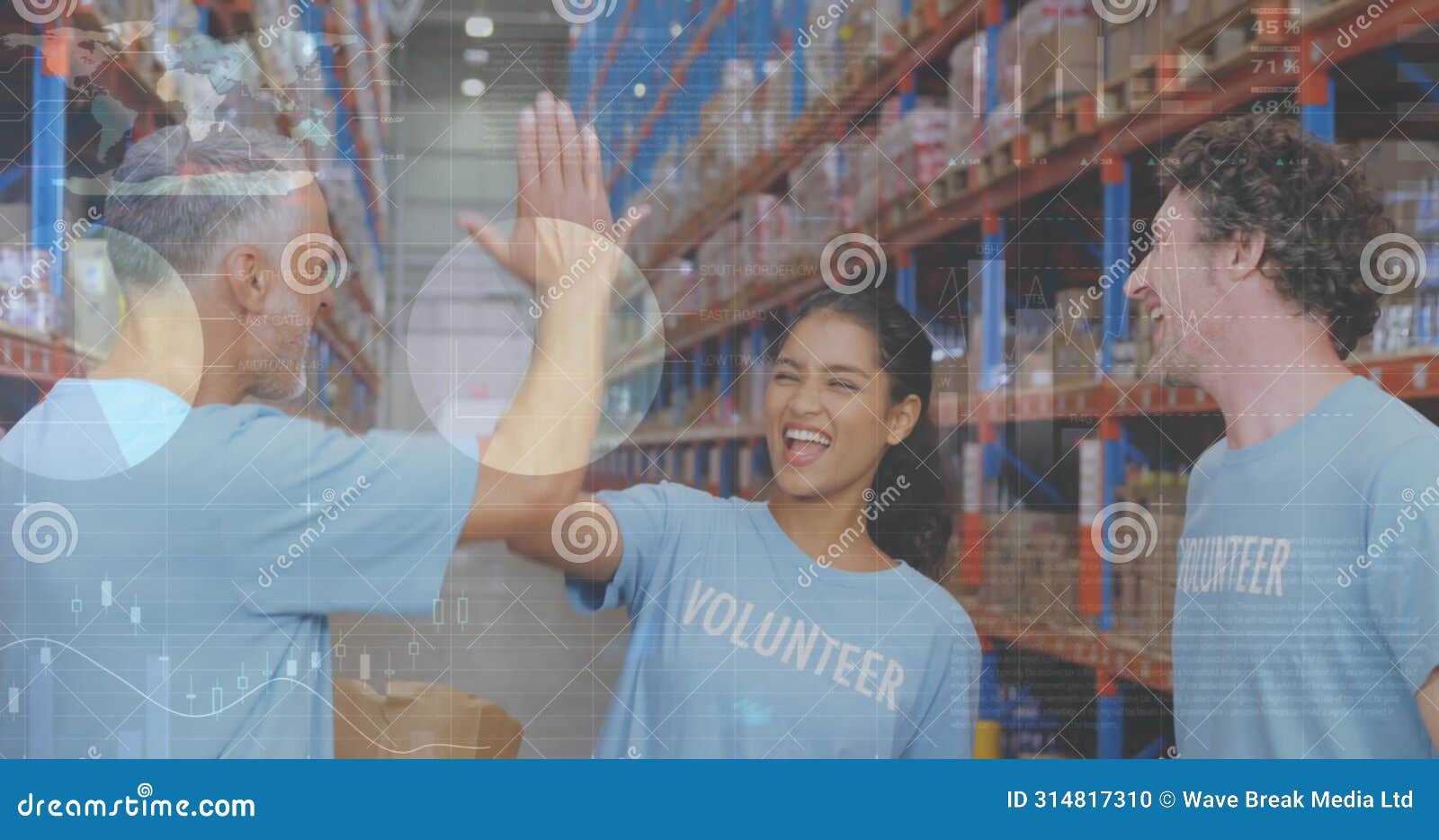 image of statistics and data processing over diverse volunteers high fiving in warehouse